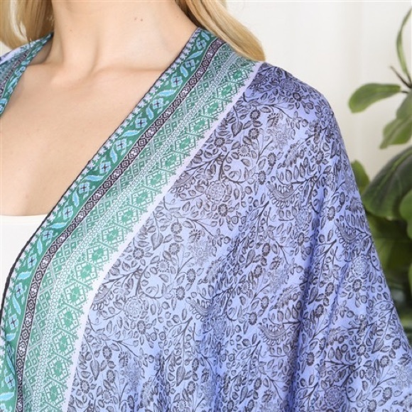 NEW ARRIVAL LIGHTWEIGHT LEAF PRINT INLINE BOHO OPEN FRONT KIMONO-TURQUOISE - Picture 3 of 7
